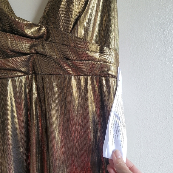 Ieena Mac Duggal, Metallic Faux Wrap Spaghetti Strap Gown, Bronze, Size 10, NWOT - Picture 7 of 11